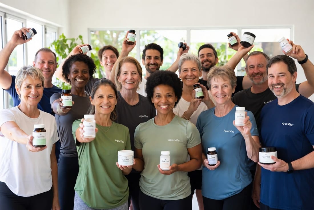 A diverse group of smiling ApexVita customers of different ages and backgrounds holding ApexVita supplement bottles and jars, wearing ApexVita t-shirts